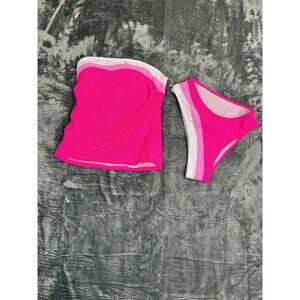 Beachsissi Pink & White Bandeau Tankini Set Swimsuit High-Cut Bottoms Medium NWT